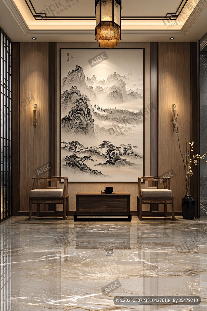 中式客厅山水壁画装饰美