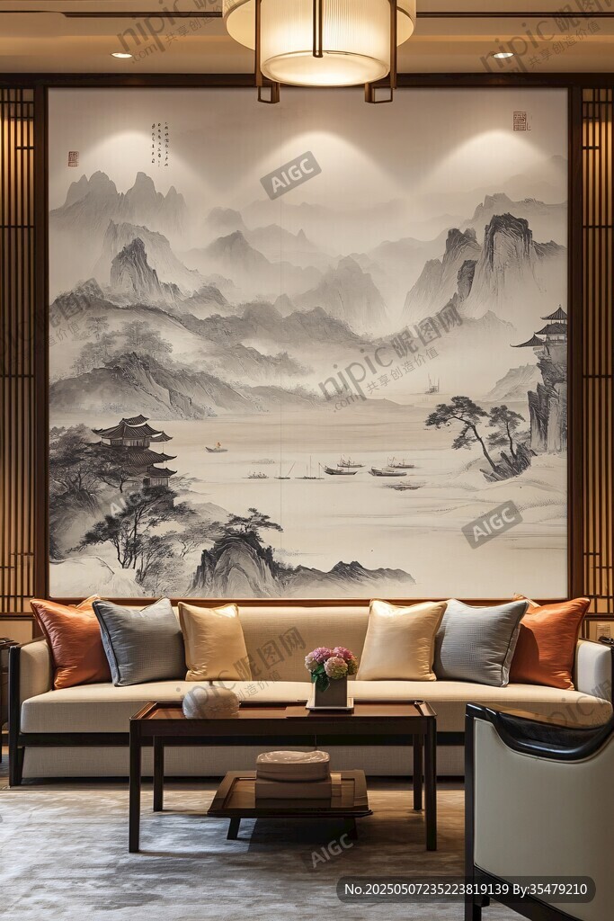中式客厅山水壁画沙发场景