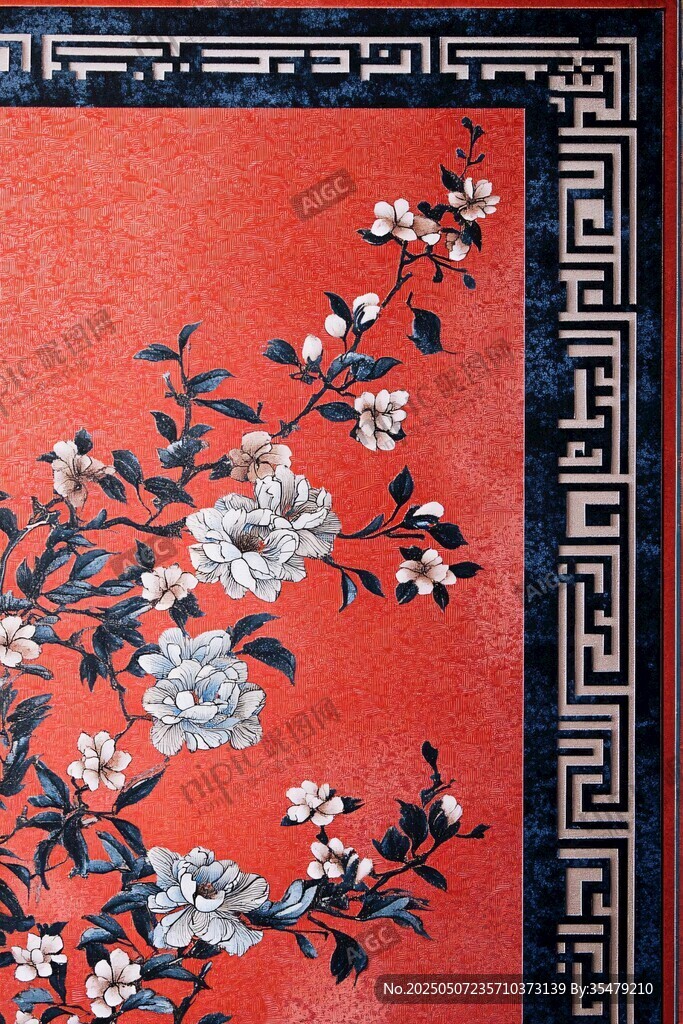 中式红底花卉精致纹饰图