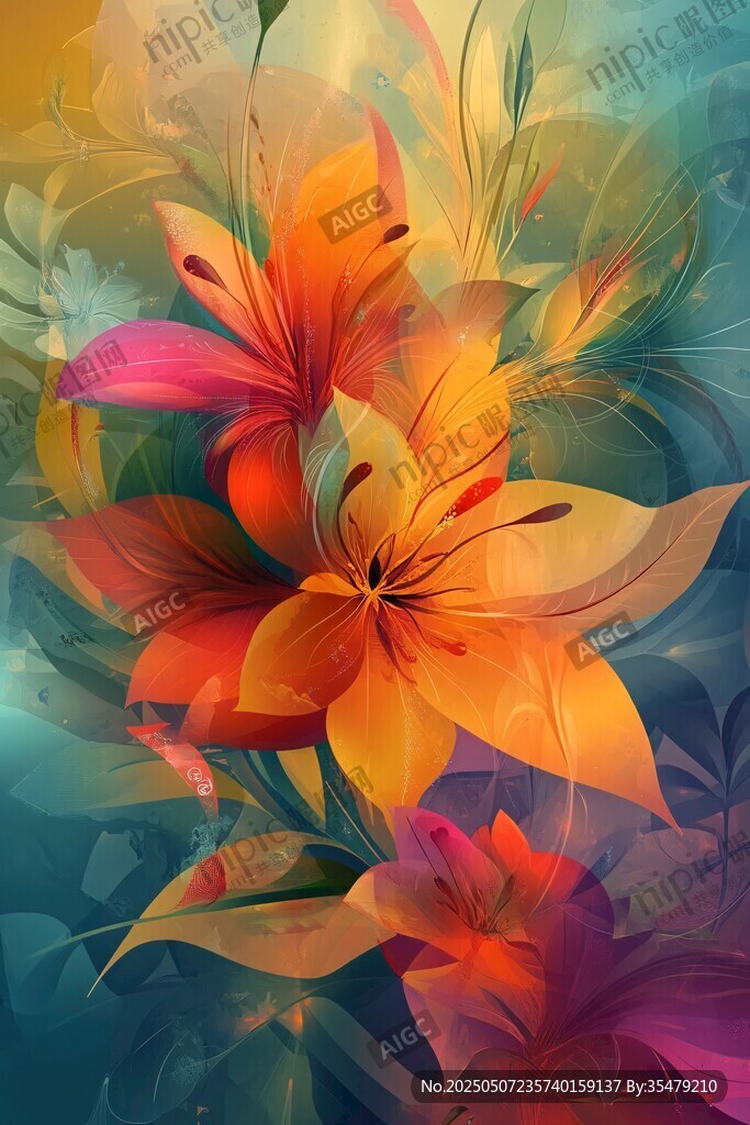 梦幻绚丽百合花插画