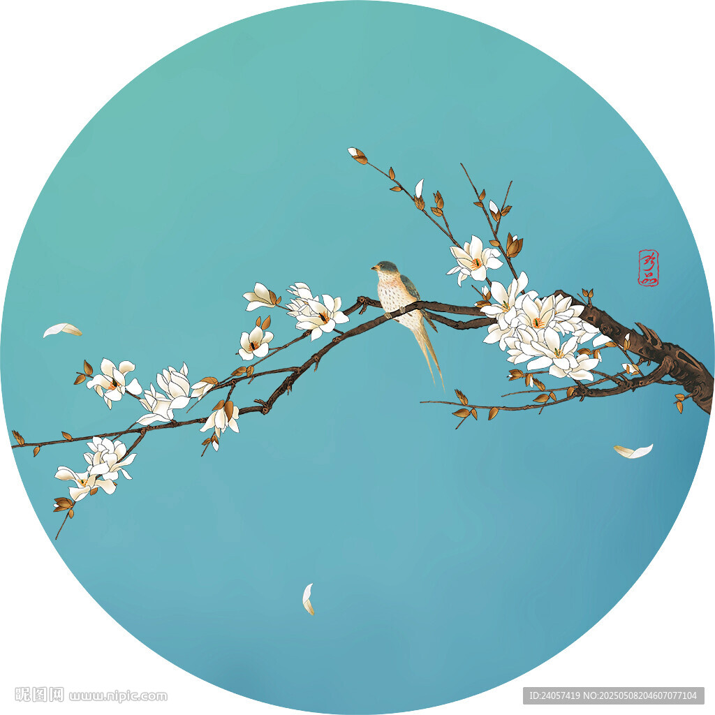 新中式玉兰手绘花鸟圆形装饰画
