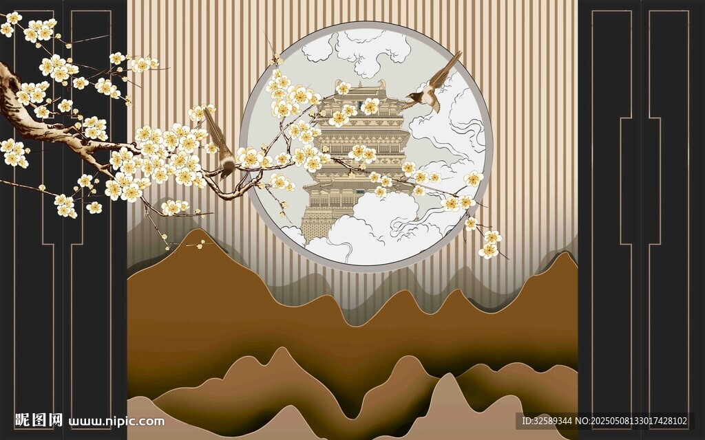 中式山水花鸟装饰画意境背景墙 