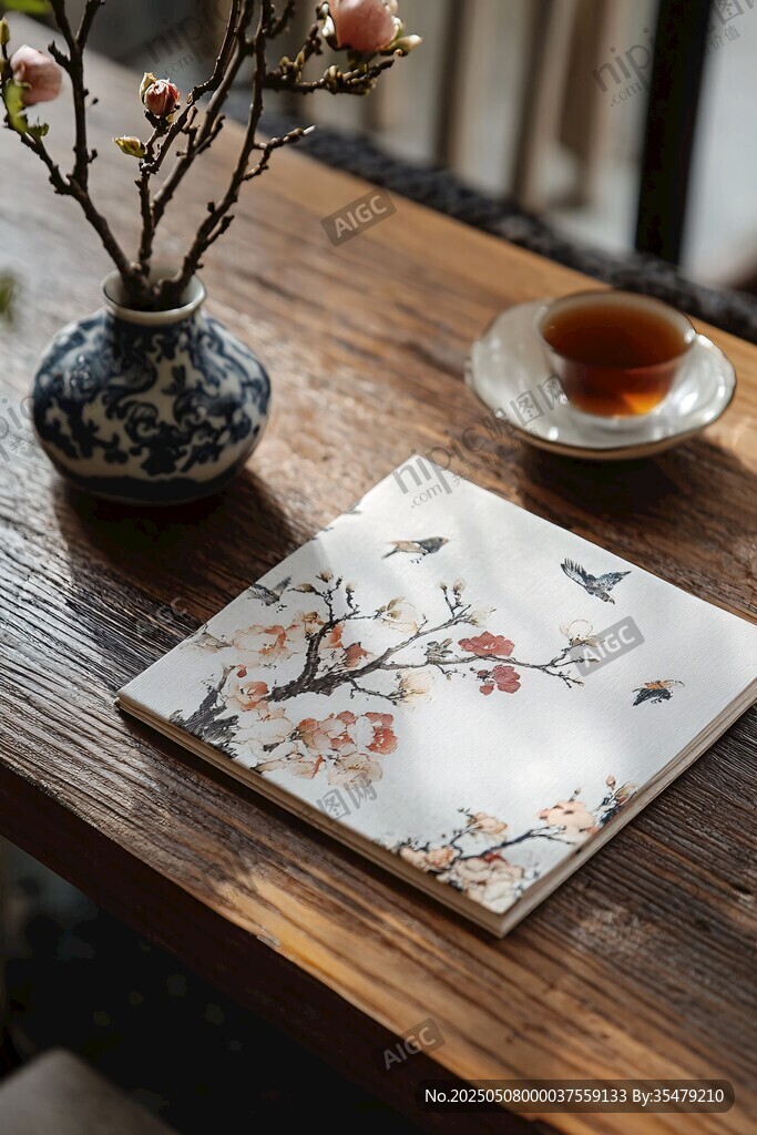 中式古风茶具与花卉摆件