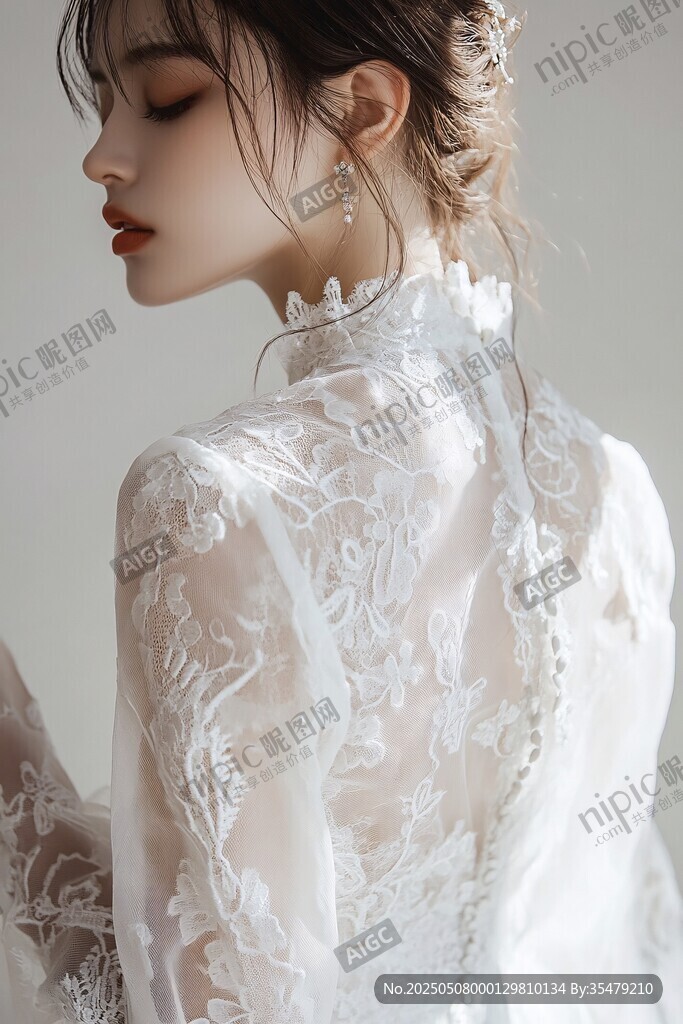 蕾丝白纱女子的优雅侧影