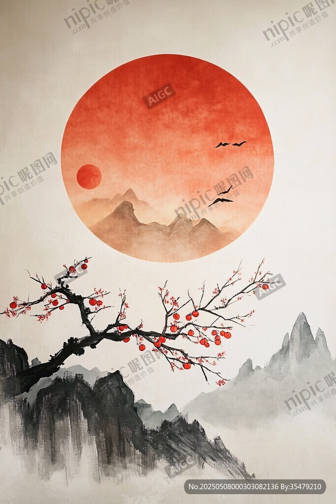 水墨山水间的红日与红梅