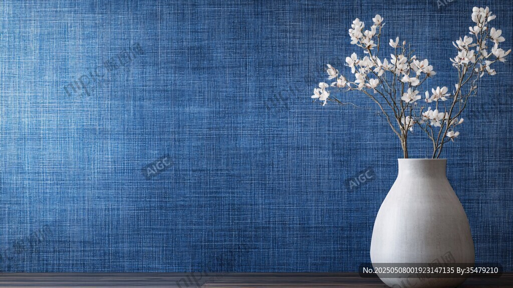 蓝墙白瓶插素花