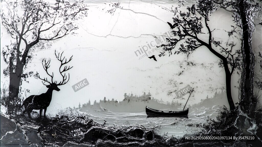 黑白梦幻森林湖畔鹿景