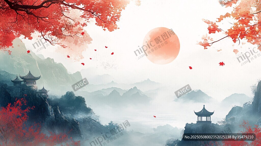 秋日山林中的古风美景