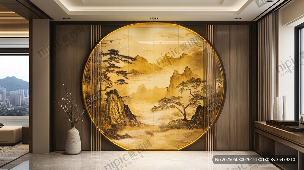 中式客厅圆形山水装饰画
