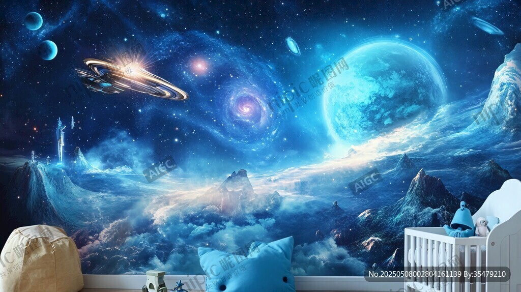 梦幻宇宙主题儿童房背景墙