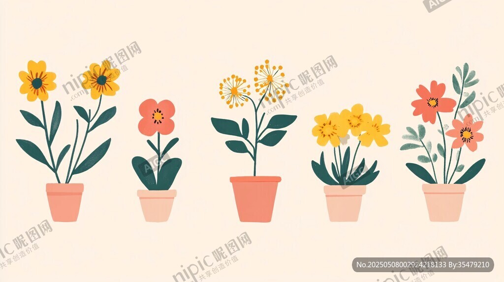 盆栽花卉组合插画