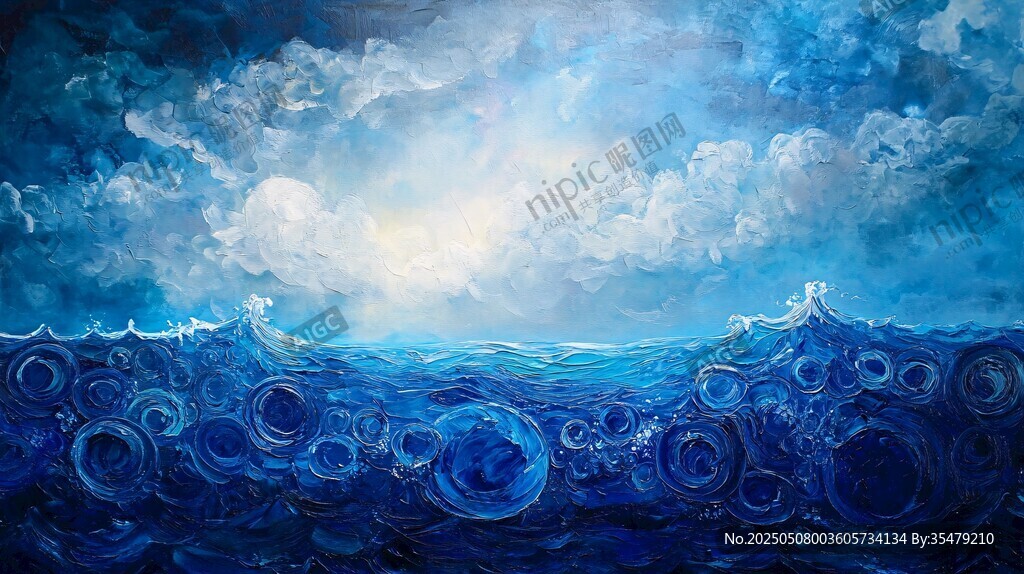 梦幻蓝色海洋天空油画