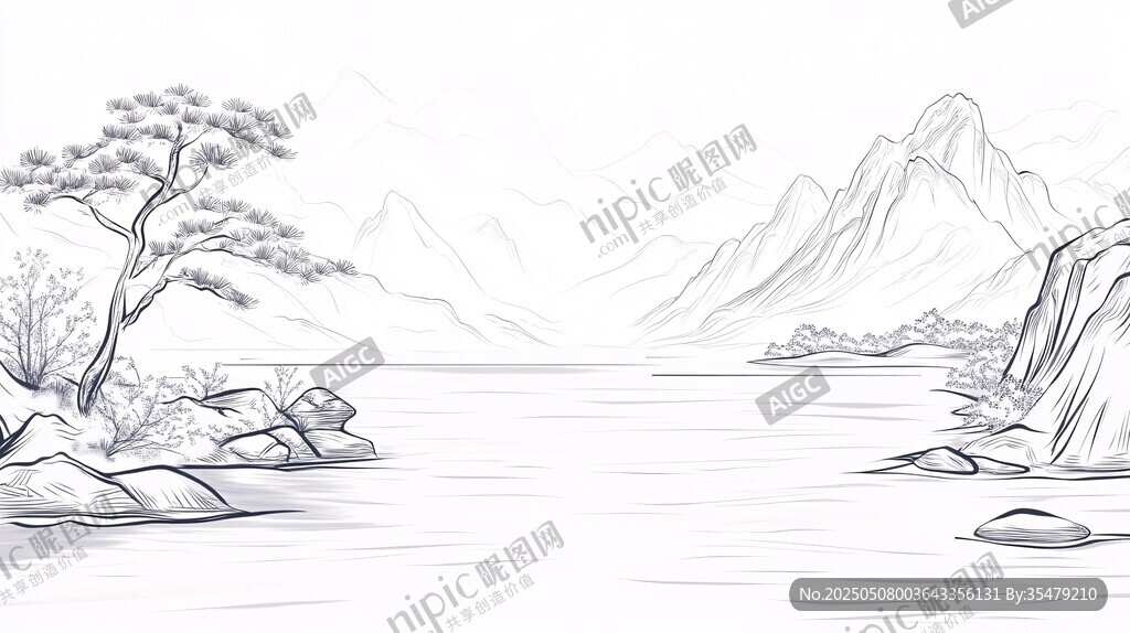 水墨山水风景线稿图