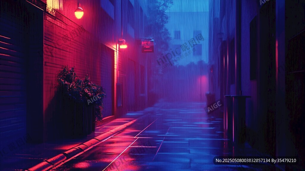 雾中霓虹小巷的静谧夜景