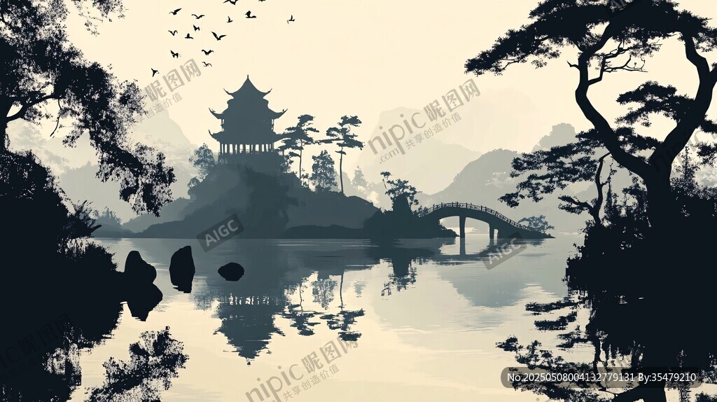 水墨山水间的古韵楼阁