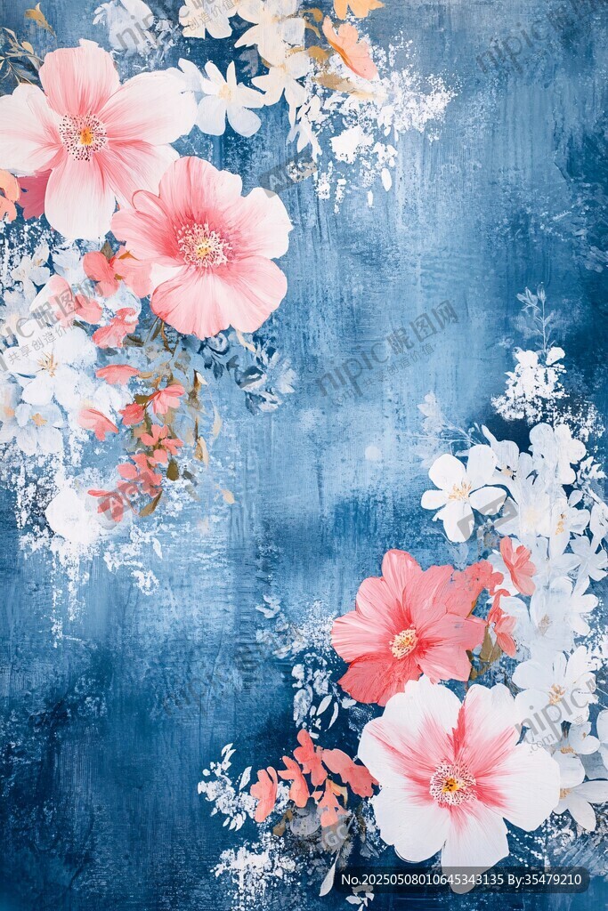 蓝色背景上的缤纷花卉图案