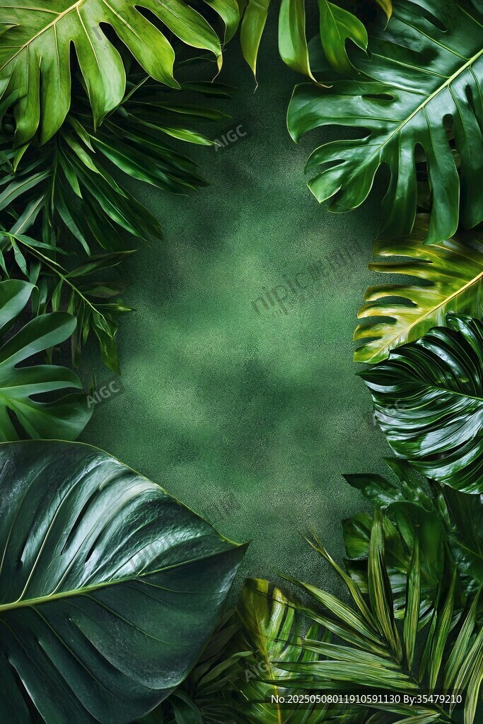 热带绿叶环绕的自然背景