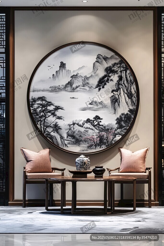 中式客厅山水挂画与雅座