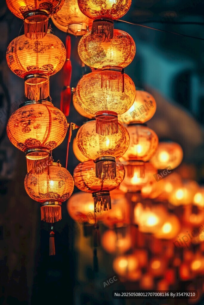 古巷中悬挂的绚丽中式灯笼