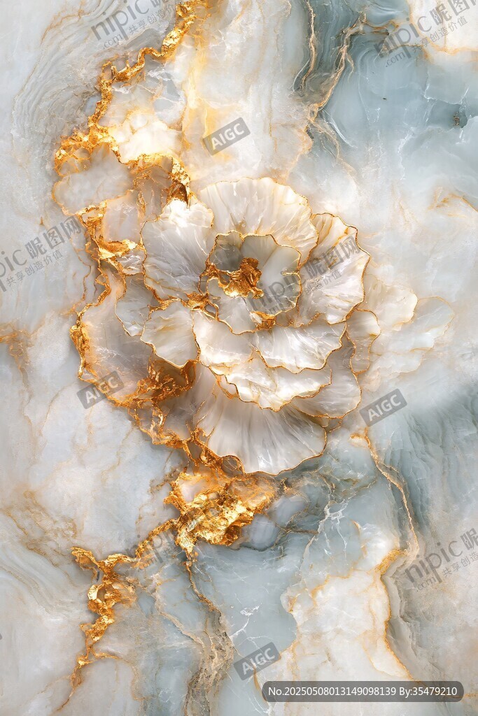 金纹玉石中的绽放花朵