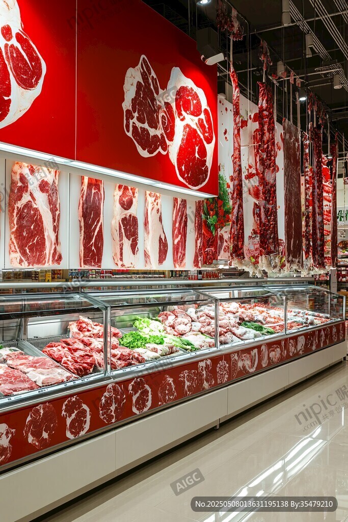 超市鲜肉陈列区肉类丰富