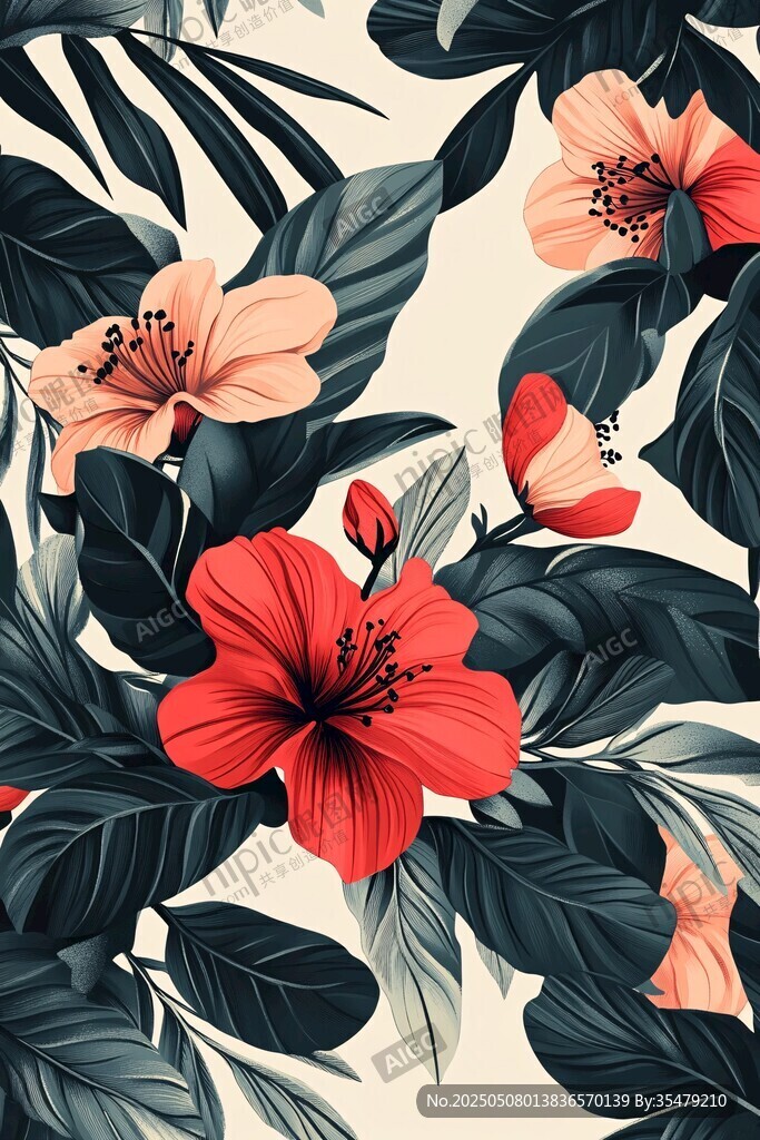 热带花卉图案 红花绿叶之美