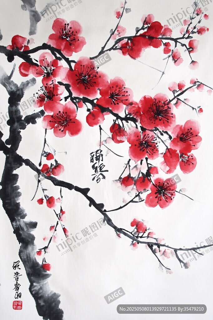 水墨红梅图