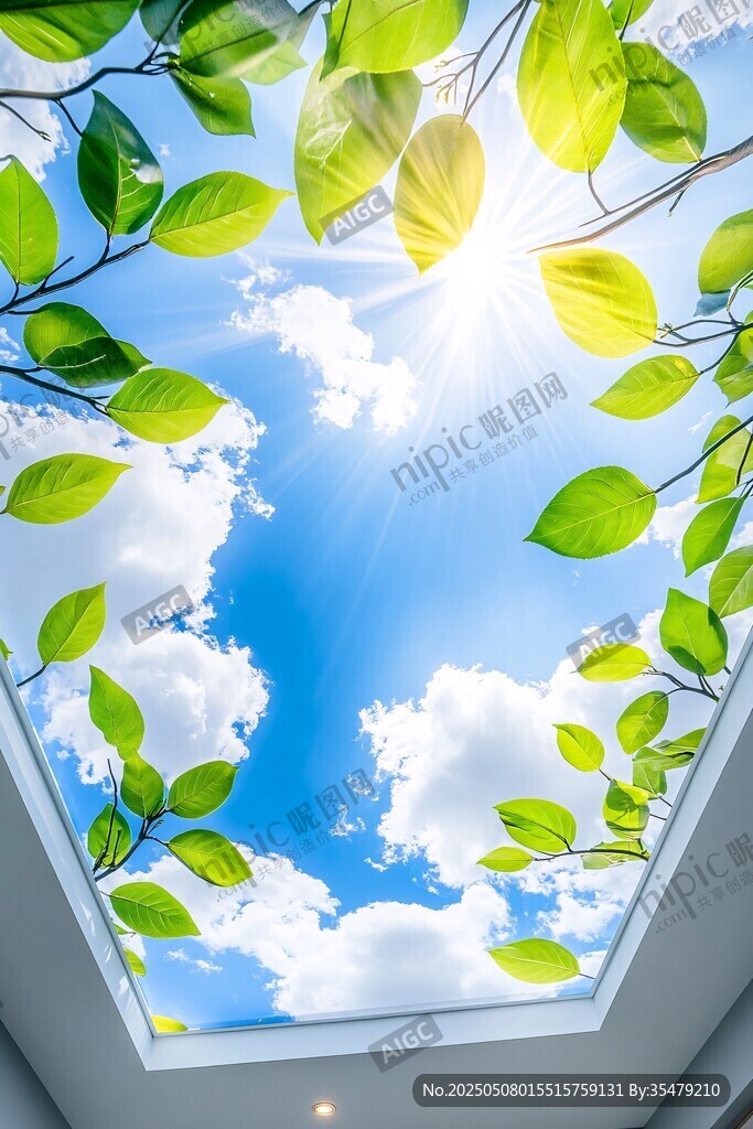 透过绿叶看晴朗天空