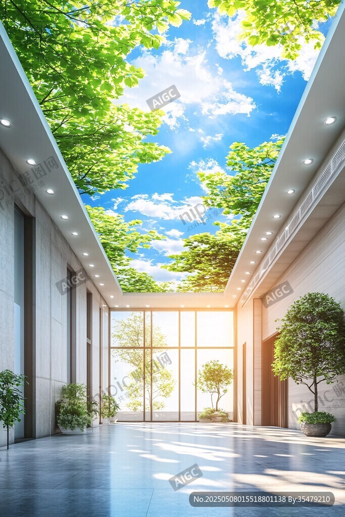 梦幻绿植环绕的现代走廊