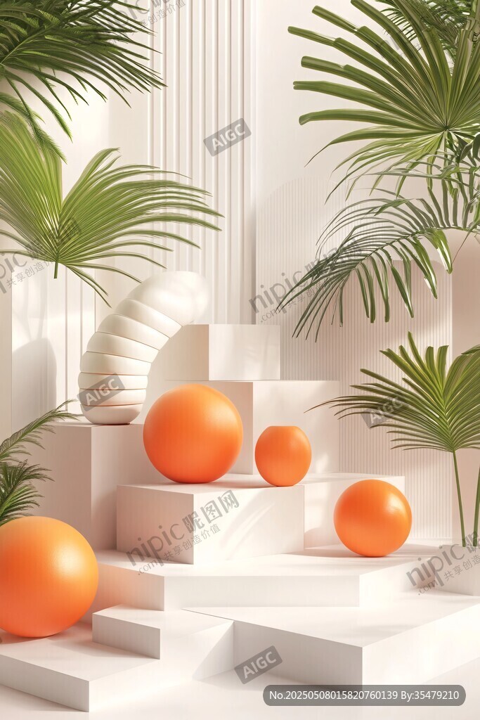 橙色球体与绿植的简约场景