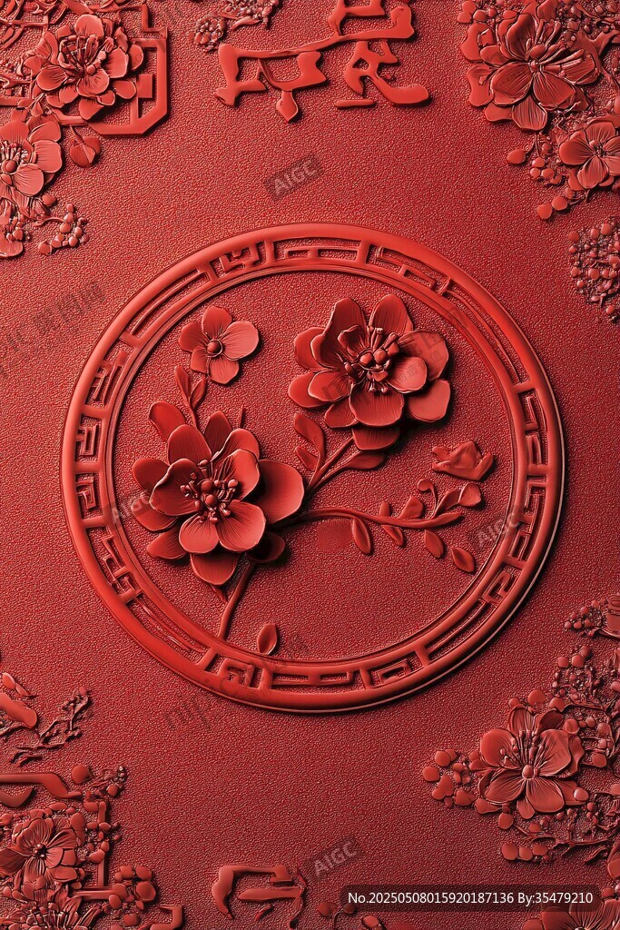 中式红底浮雕花卉装饰图