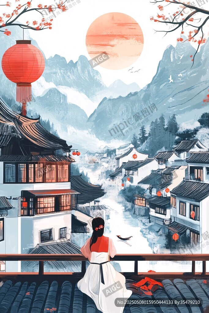 古风女子赏中式山水村落景