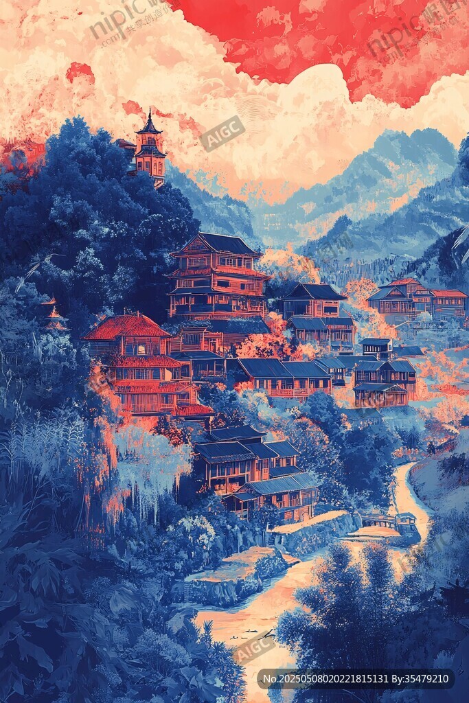 梦幻中式山水村落景观