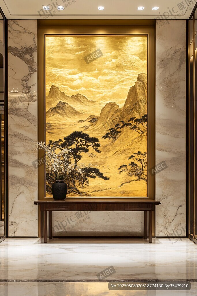 中式玄关处的山水艺术壁画