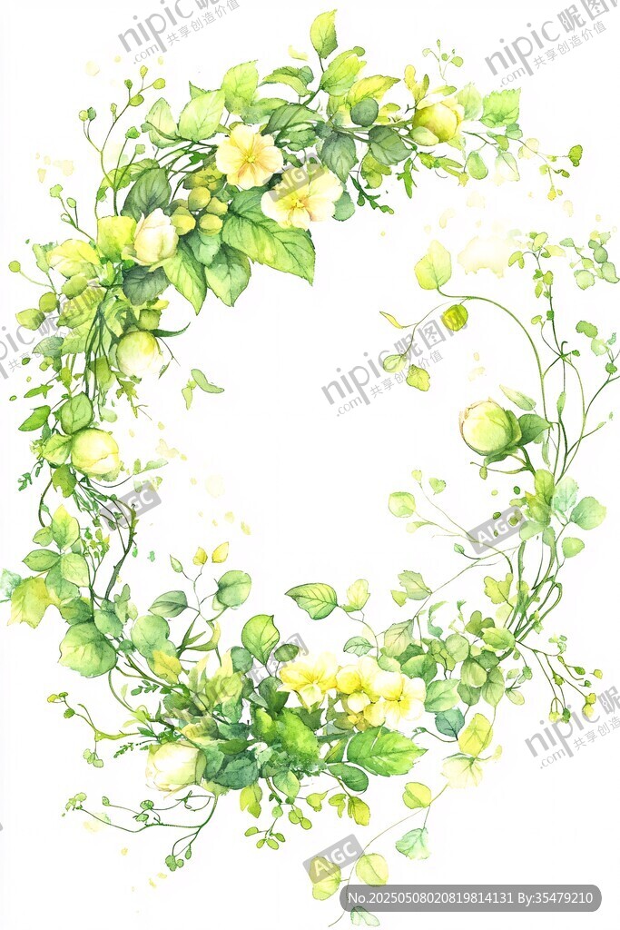 清新手绘绿植花环图案