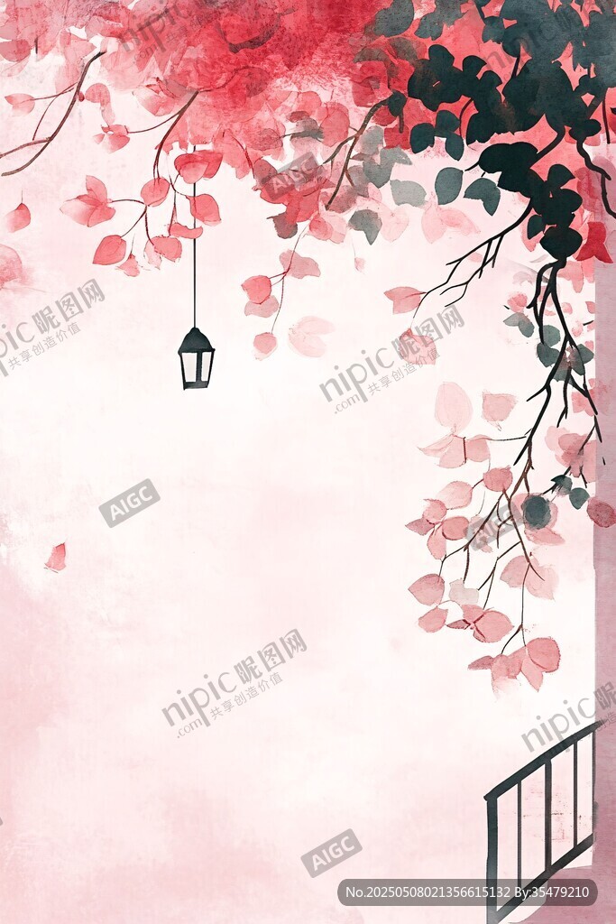 粉色花树下垂挂的灯笼