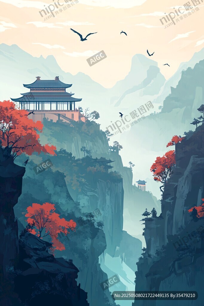 山间古亭映红叶飞鸟景