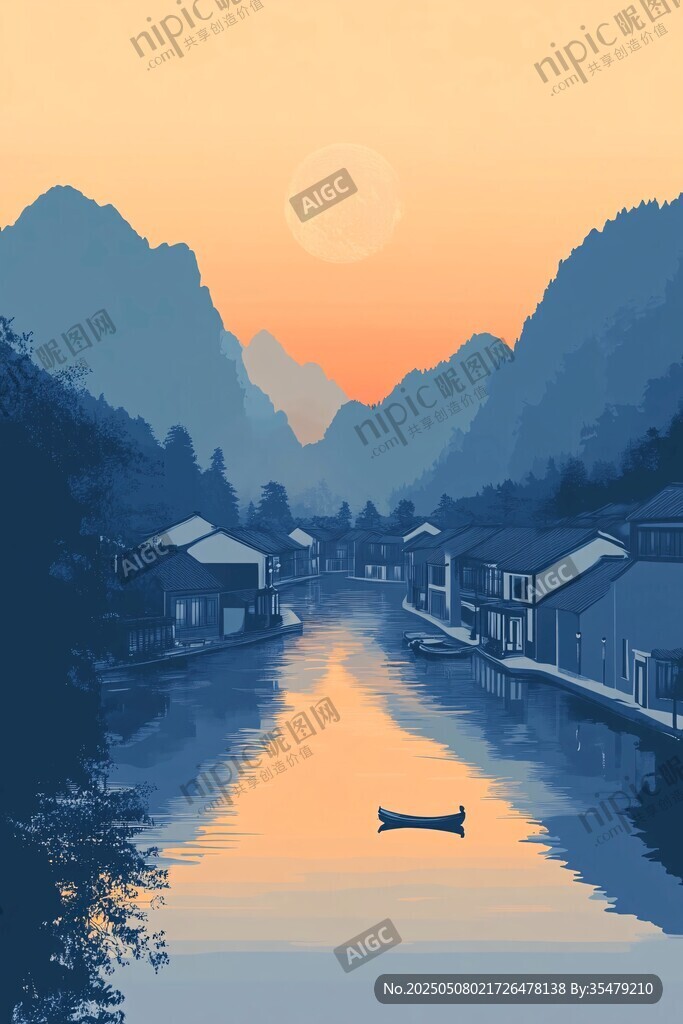 黄昏江畔村落宁静美景