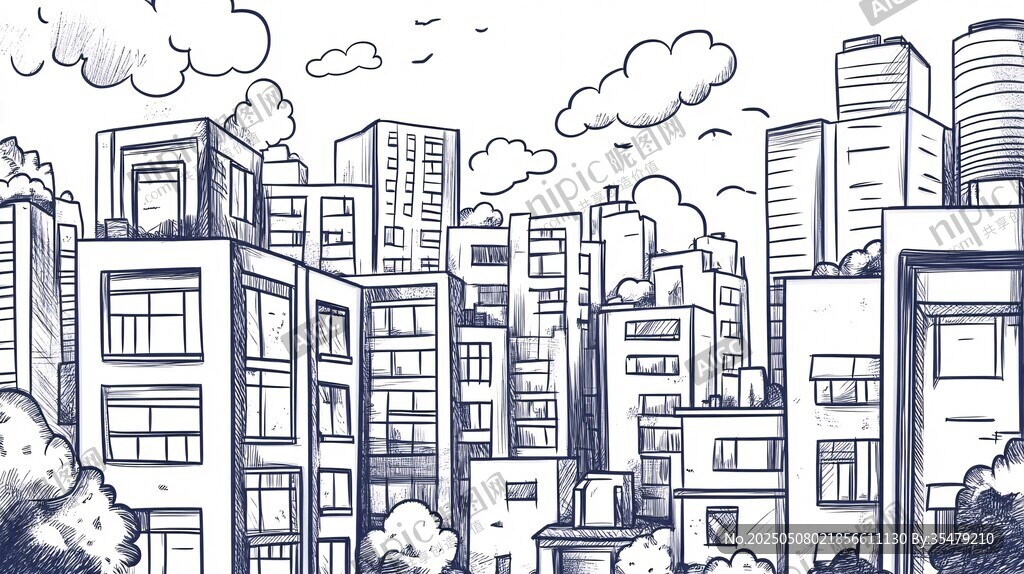 手绘城市建筑景观图