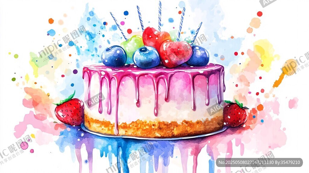 水彩风美味生日蛋糕插画