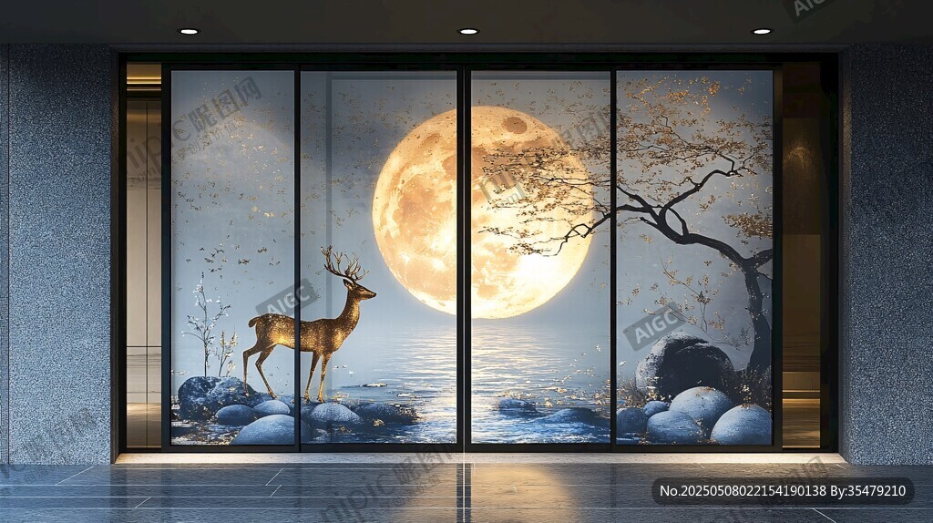 中式玄关处的月夜鹿景图