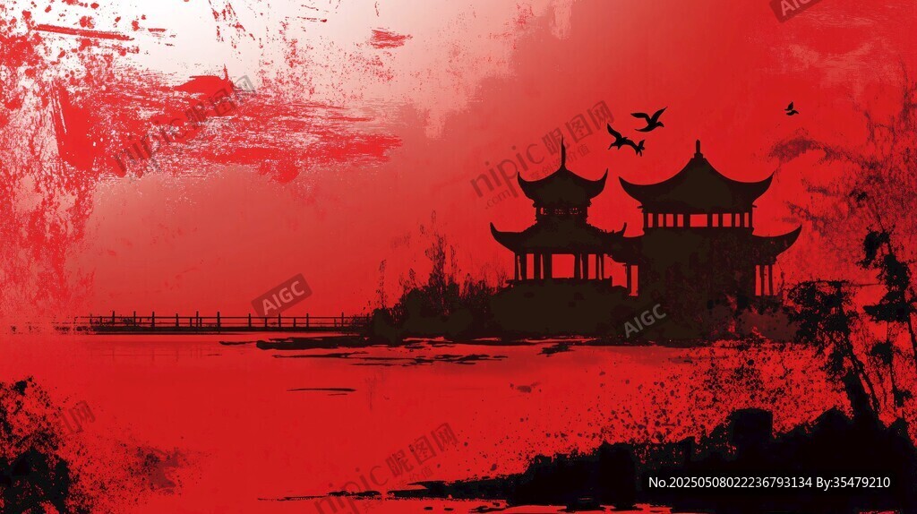 水墨红韵中的中式亭阁