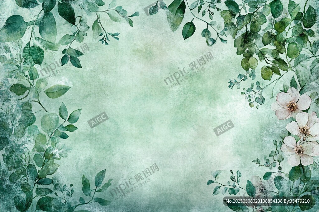 清新绿植花卉水彩背景图