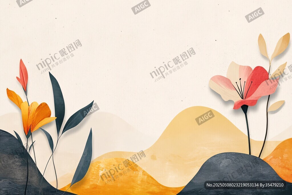 花卉山丘风景插画