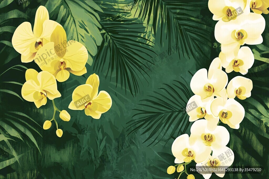 黄白兰花与绿叶背景图