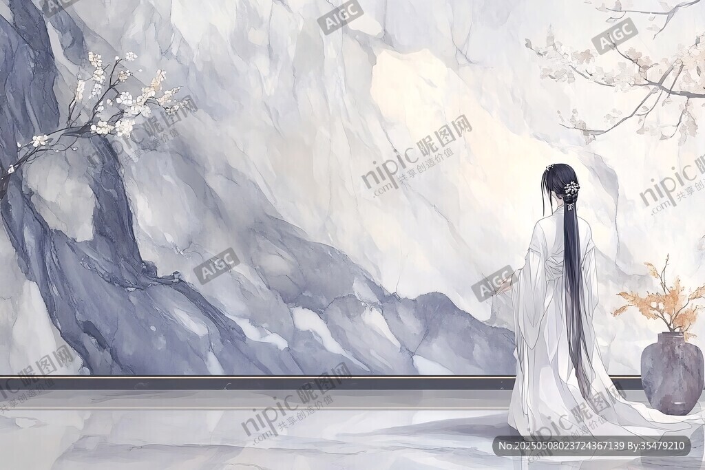 白衣女子静立山水之间