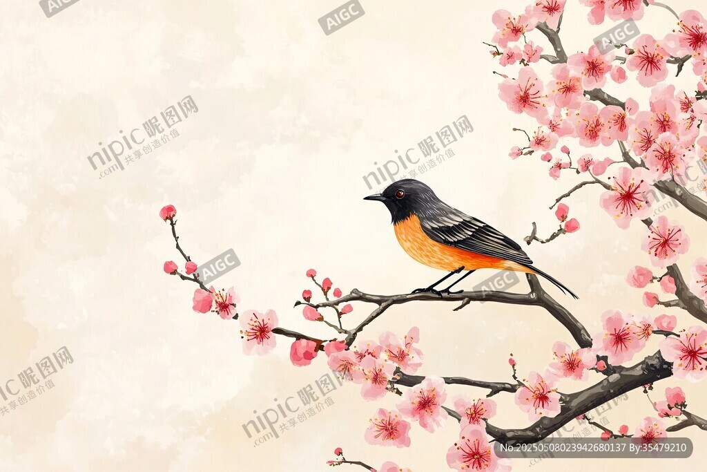 枝头春鸟栖 繁花添诗意