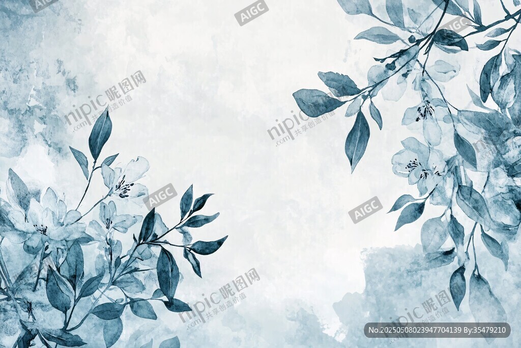 蓝调花卉水彩背景图
