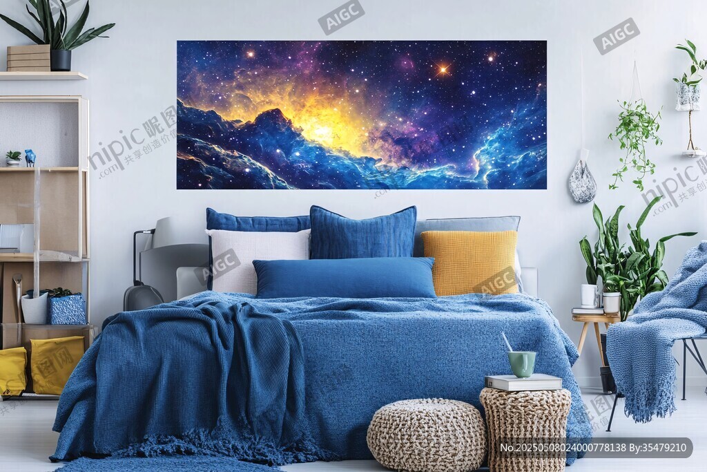 梦幻星空壁画装点温馨卧室