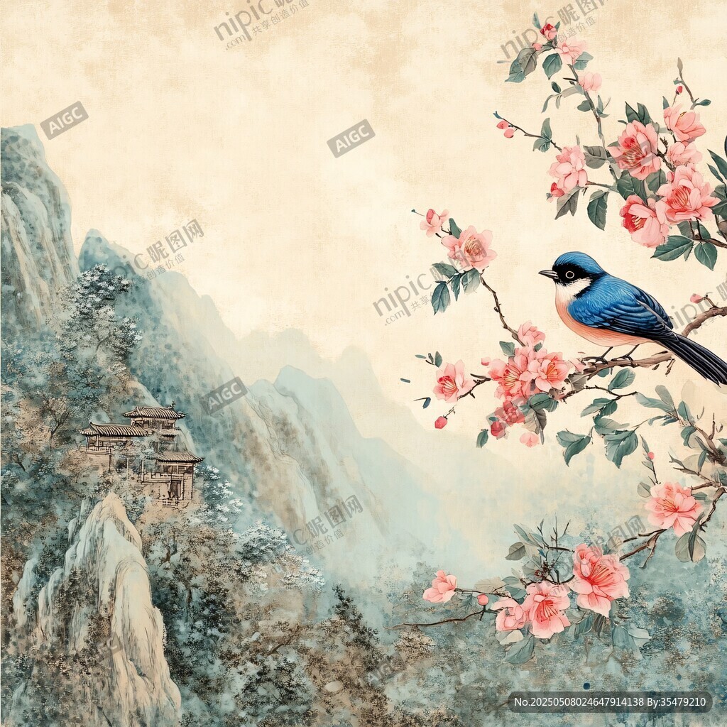 山景花枝上的灵动小鸟